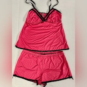 Plume Satin Polka Dot Pajama Set - Size L - Pink with Black Lace